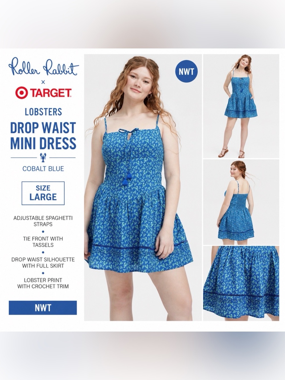 Roller Rabbit x Target Lobsters Drop Waist Mini Dress Cobalt Blue Size Large NWT